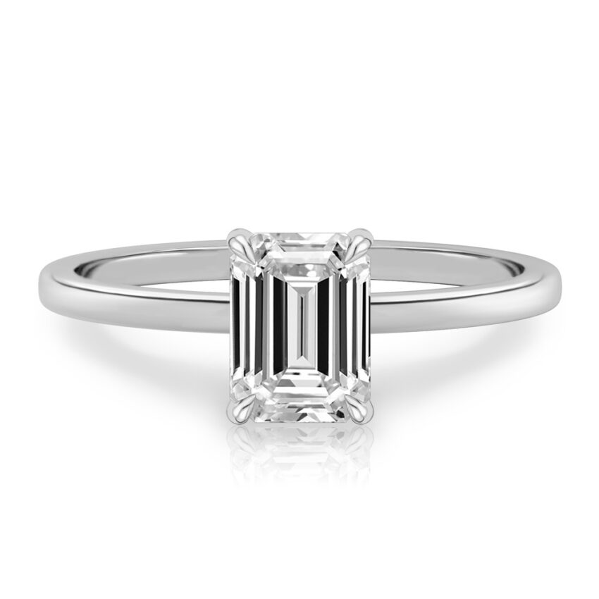 emerald cut diamond ultra low hidden halo engagement ring in white gold