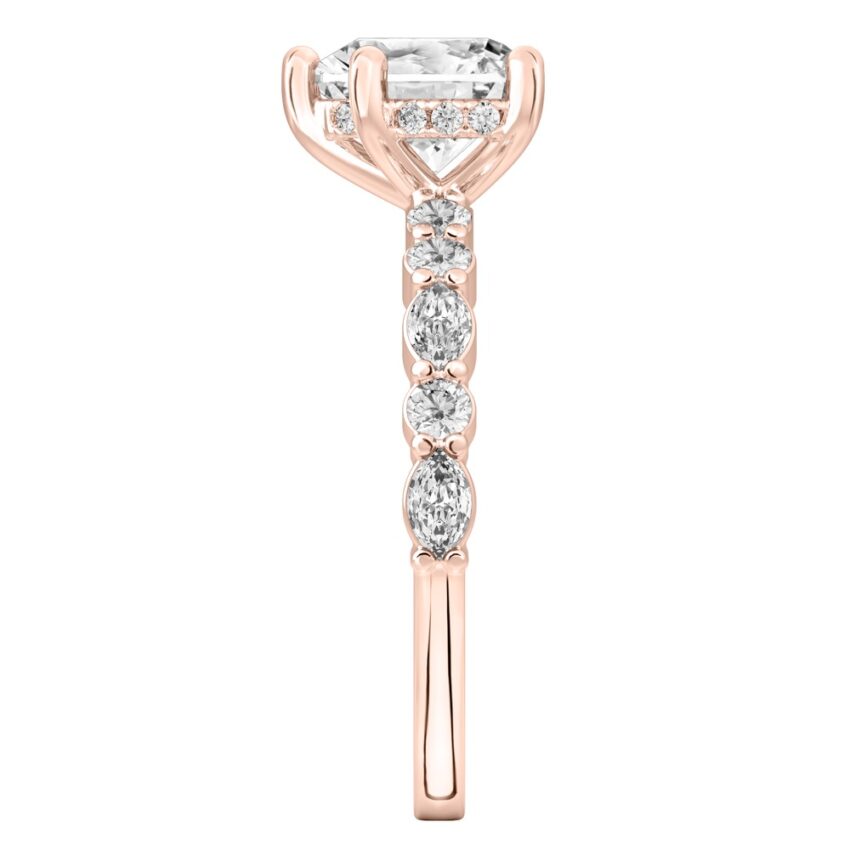 Side view of heart shape diamond hidden halo marquise and round diamond ring rose gold