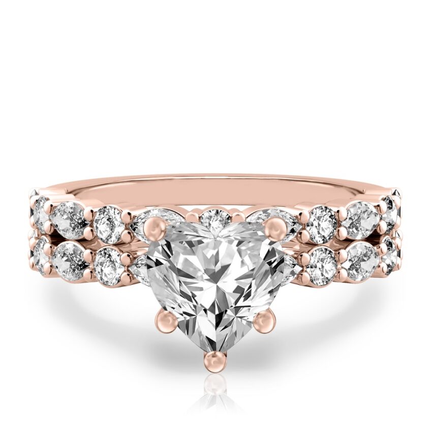 heart shape diamond hidden halo marquise and round diamond ring set rose gold