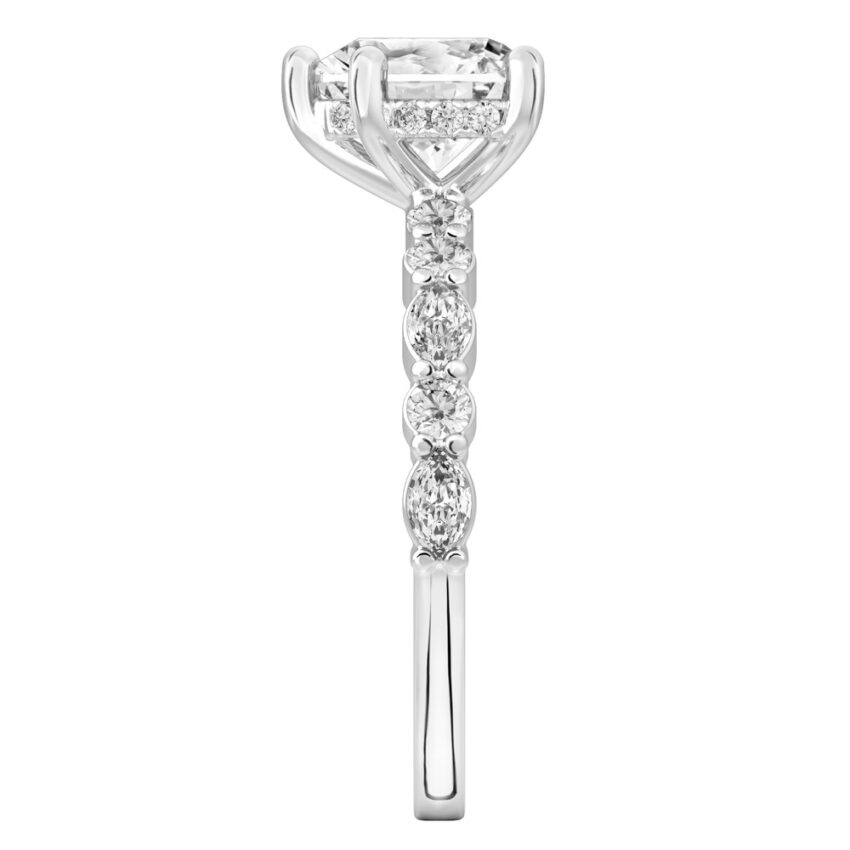 Side view of heart shape diamond hidden halo marquise and round diamond ring white gold