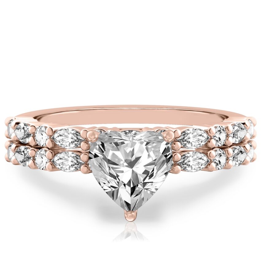 heart shape diamond marquise and round diamond ring set rose gold