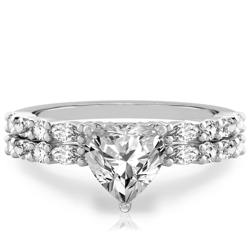 heart shape diamond marquise and round diamond ring set white gold