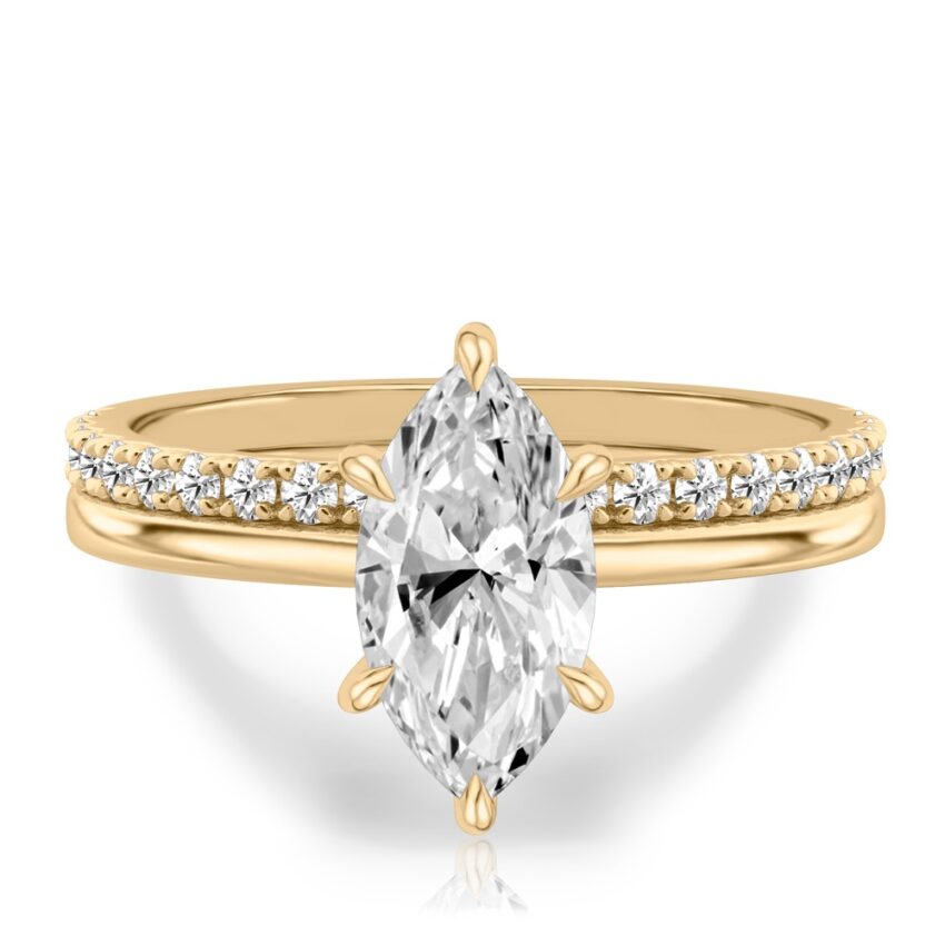 marquise cut diamond hidden halo engagement ring set yellow gold
