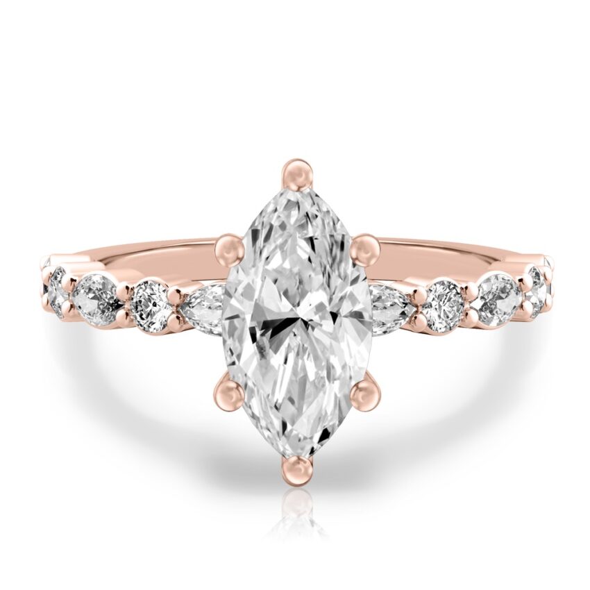 marquise cut diamond hidden halo marquise and round diamond ring rose gold