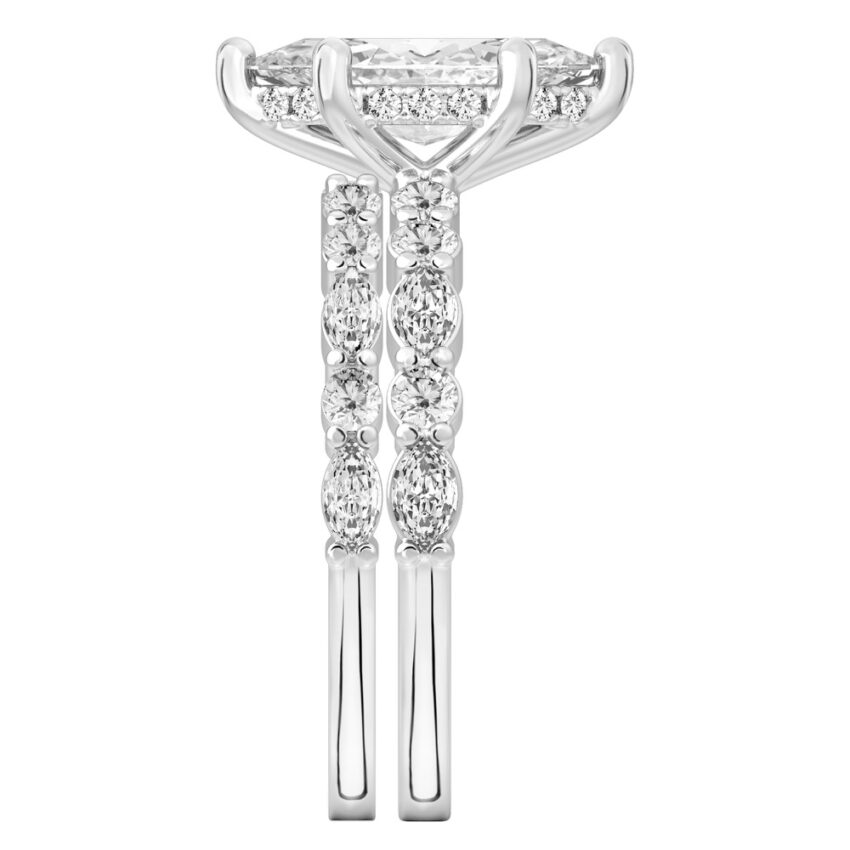 Side view of marquise cut diamond hidden halo marquise and round diamond ring set platinum