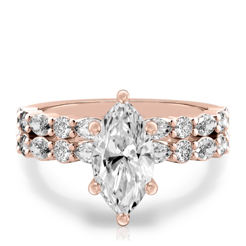 marquise cut diamond hidden halo marquise and round diamond ring set rose gold