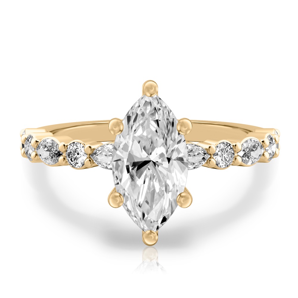 marquise cut diamond hidden halo marquise and round diamond ring yellow gold