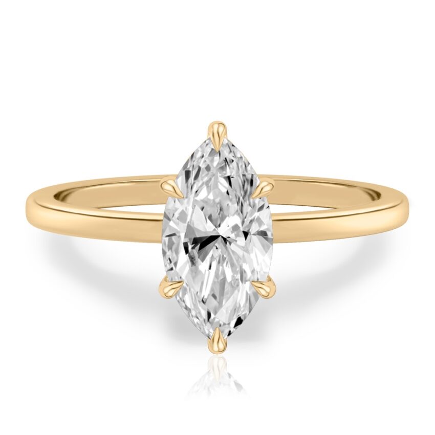 marquise cut diamond ultra low hidden halo engagement ring in yellow gold