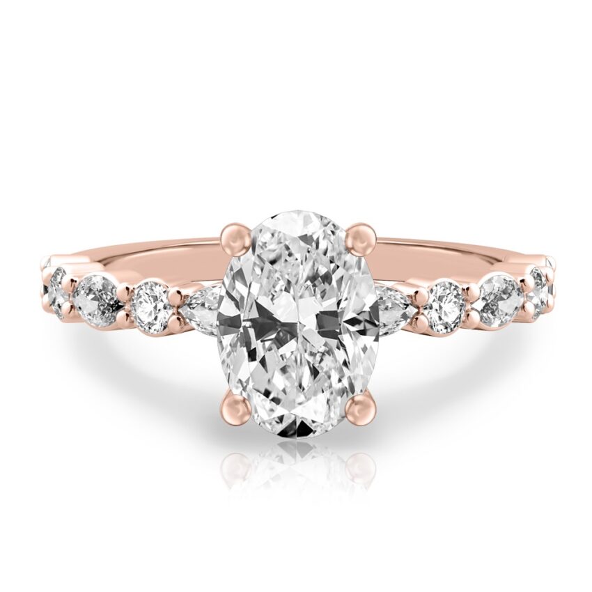 oval cut diamond hidden halo marquise and round diamond ring rose gold