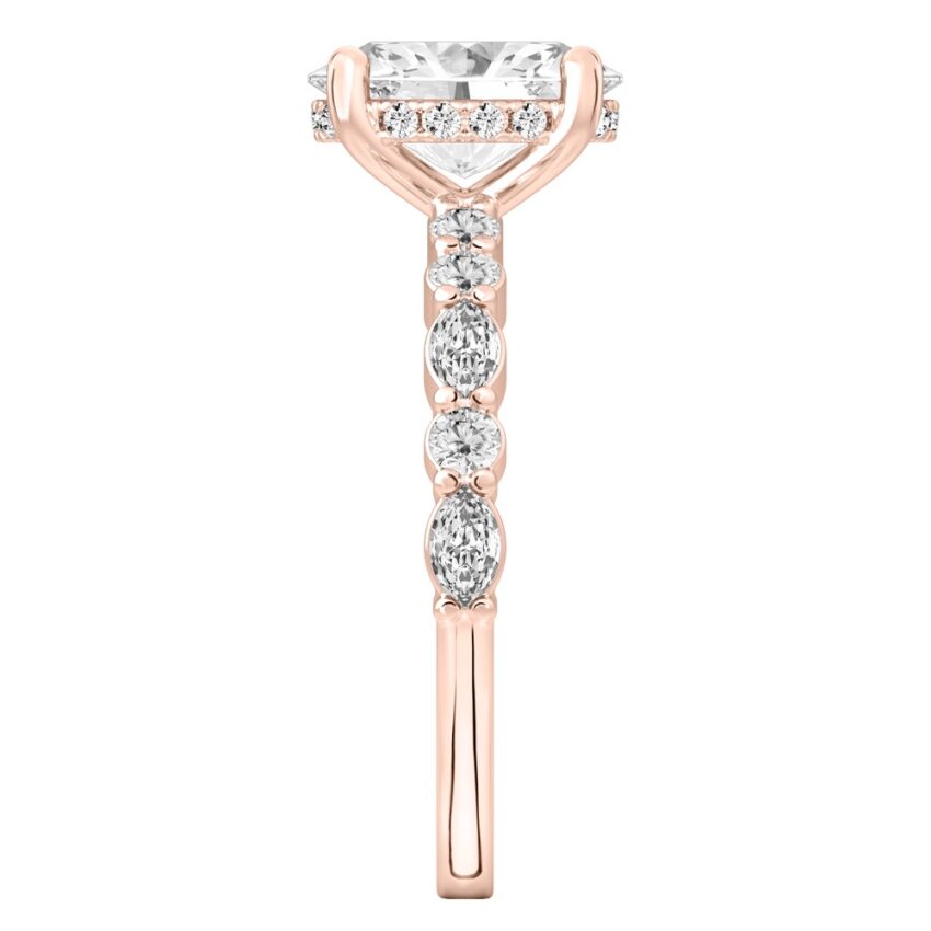 Side view of oval cut diamond hidden halo marquise and round diamond ring rose gold