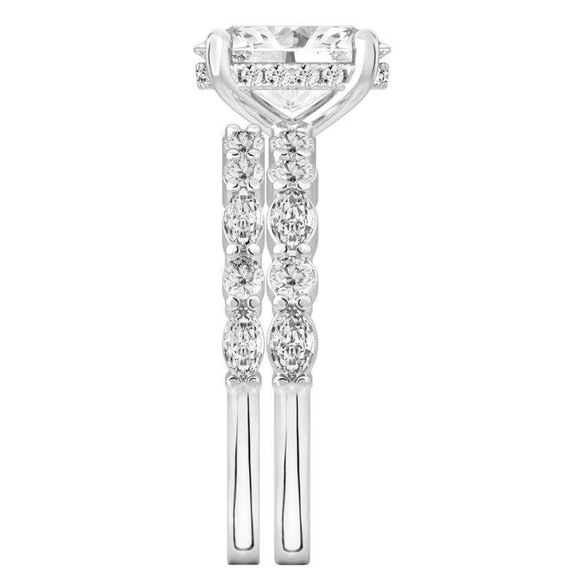 Side view of oval cut diamond hidden halo marquise and round diamond ring set palladium