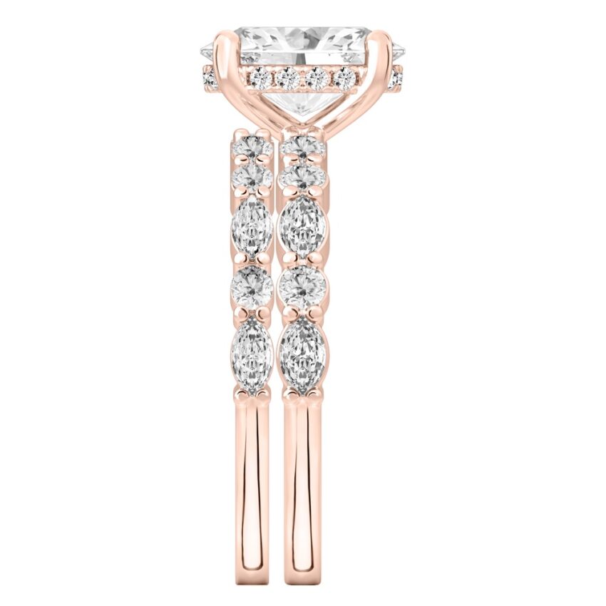 Side view of oval cut diamond hidden halo marquise and round diamond ring set rose gold