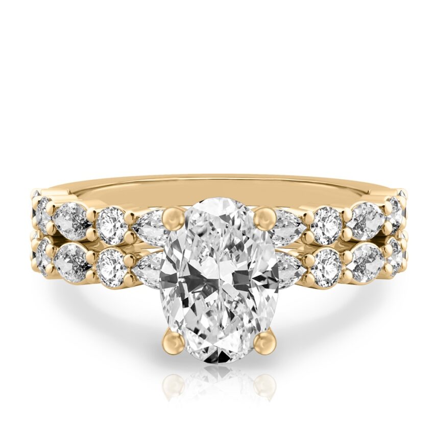 oval cut diamond hidden halo marquise and round diamond ring set yellow gold