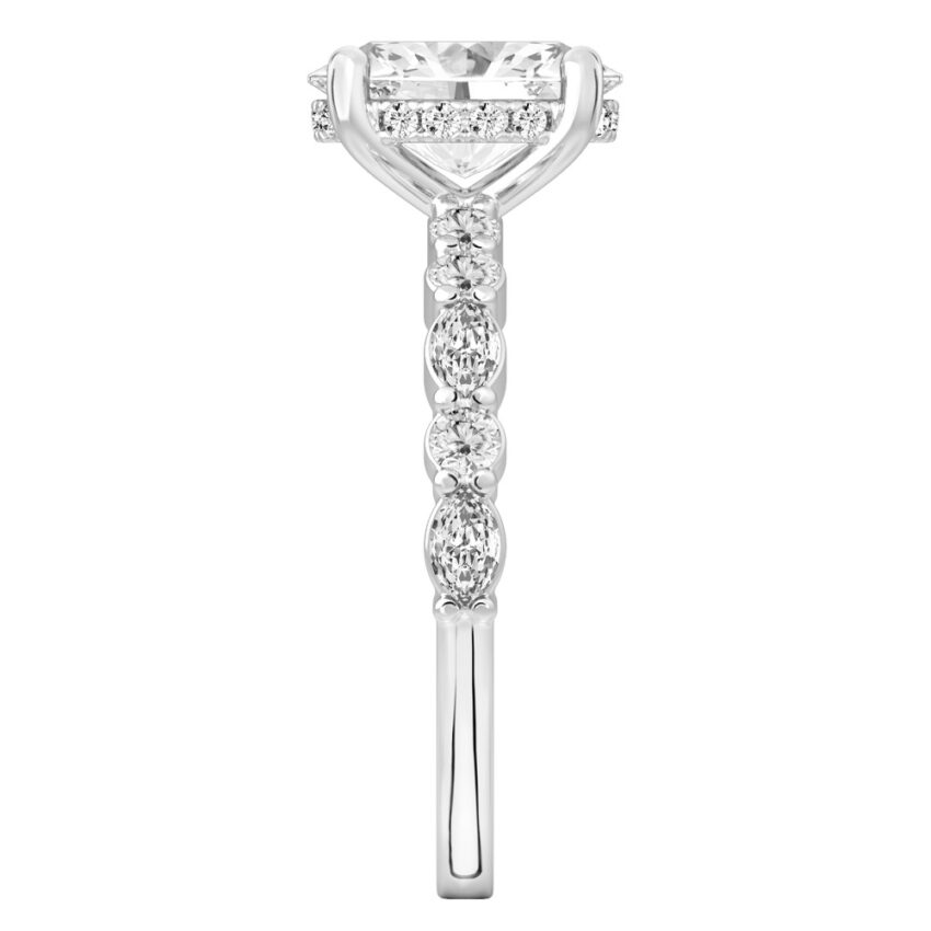 Side view of oval cut diamond hidden halo marquise and round diamond ring white gold