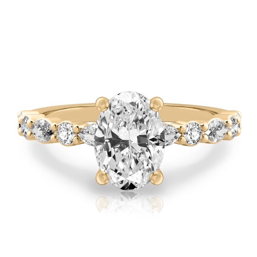 oval cut diamond hidden halo marquise and round diamond ring yellow gold