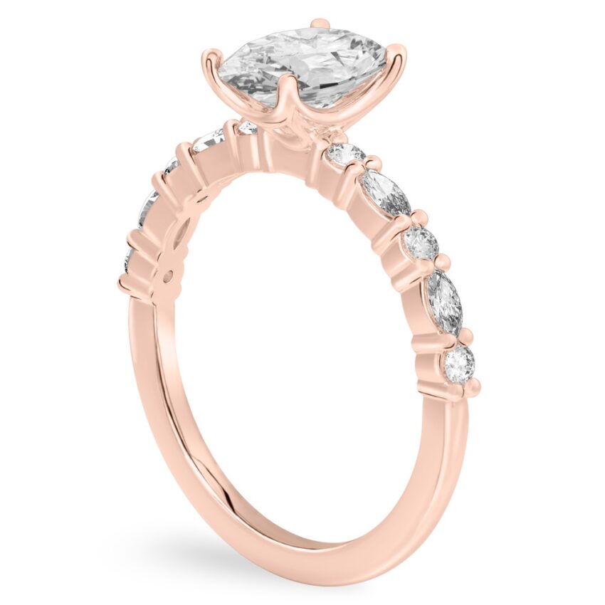 Angle view of oval cut diamond marquise and round diamond ring rose gold