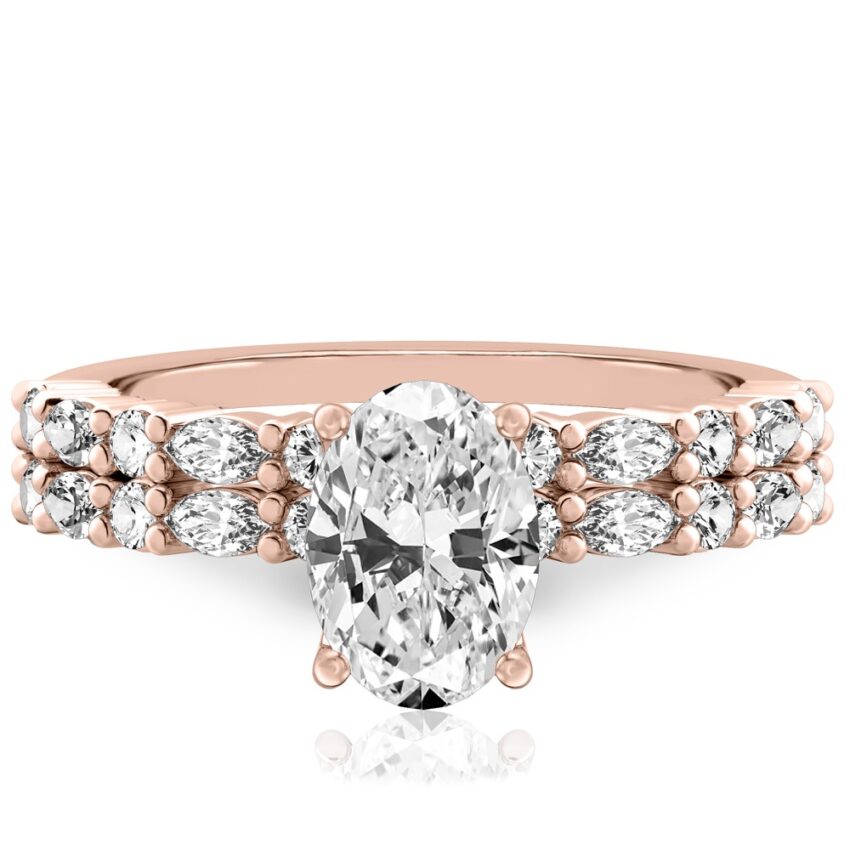 oval cut diamond marquise and round diamond ring set rose gold