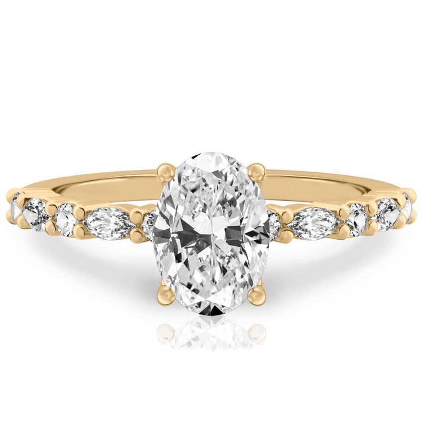 oval cut diamond marquise and round diamond ring yellow gold