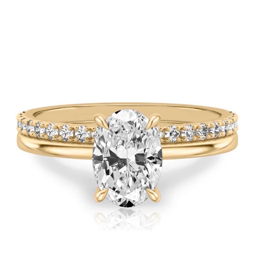 oval shape diamond flush hidden halo engagement ring set yellow gold