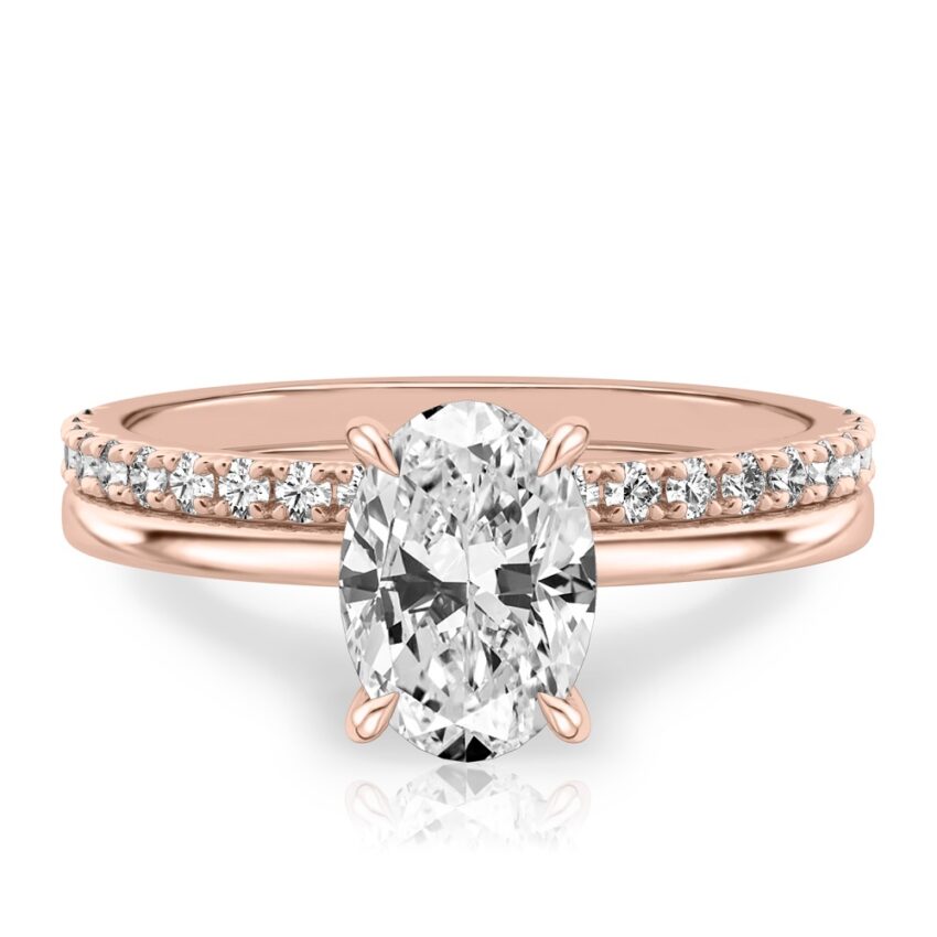 oval shape diamond hidden halo engagement ring set rose gold