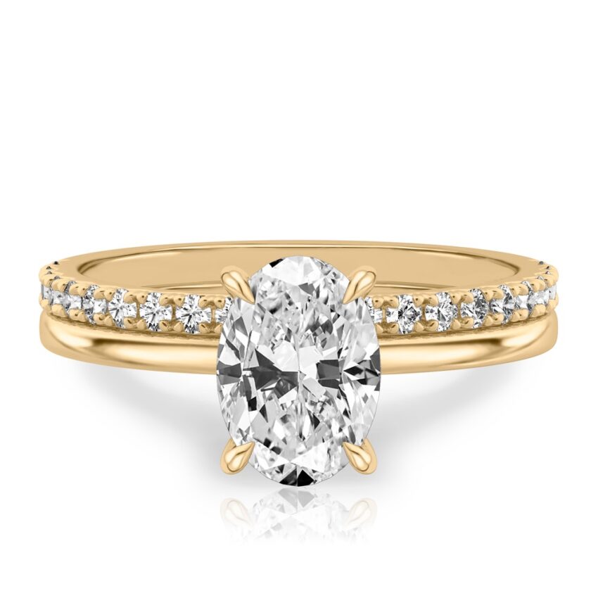 oval shape diamond hidden halo engagement ring set yellow gold