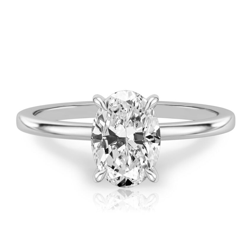 oval shape diamond hidden halo engagement ring in white gold