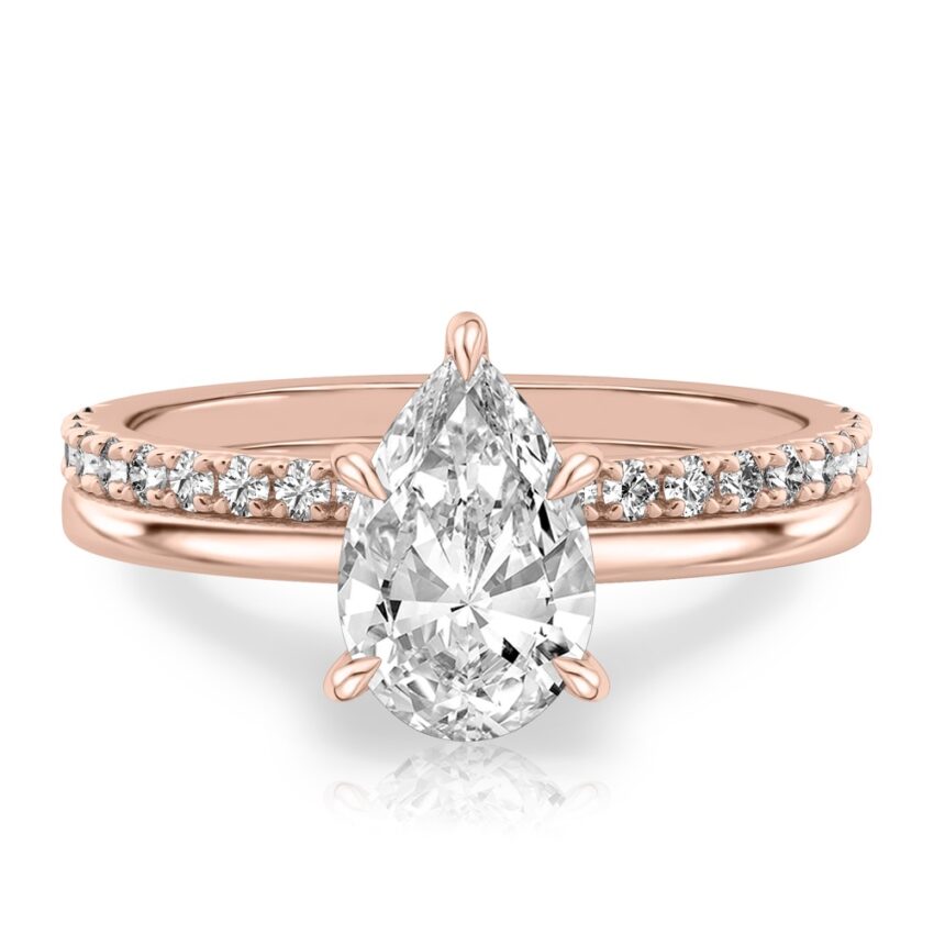 pear shape diamond hidden halo engagement ring set rose gold