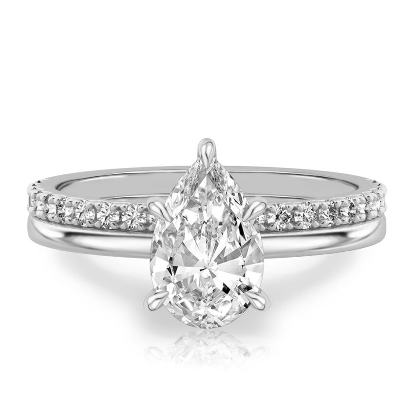 pear shape diamond hidden halo engagement ring set white gold