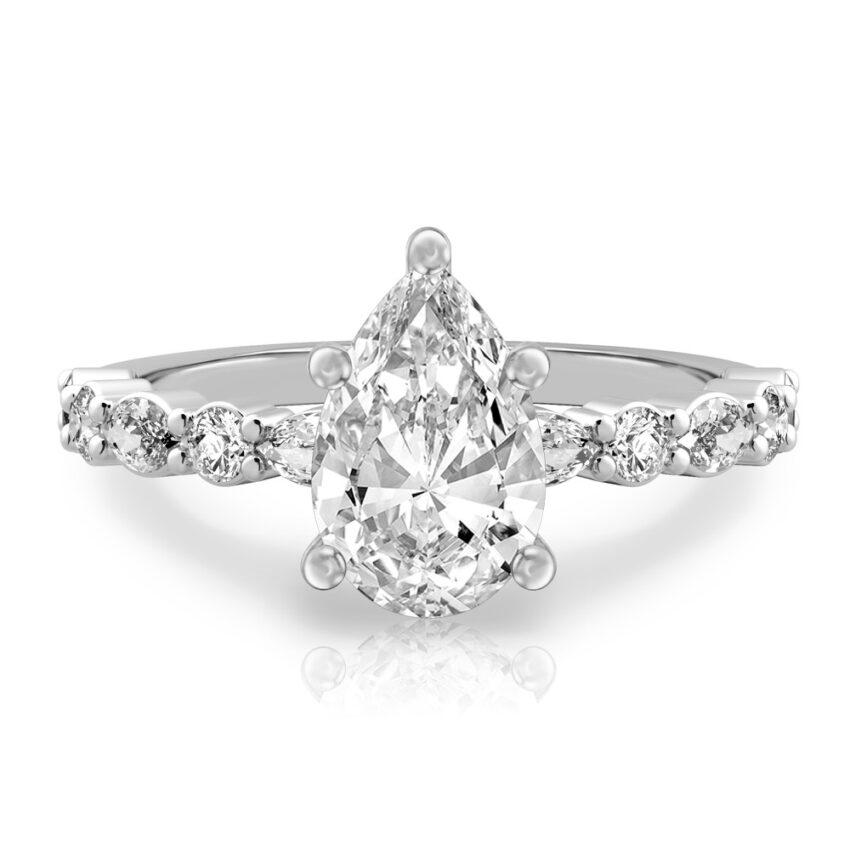 pear shape diamond hidden halo marquise and round diamond ring palladium