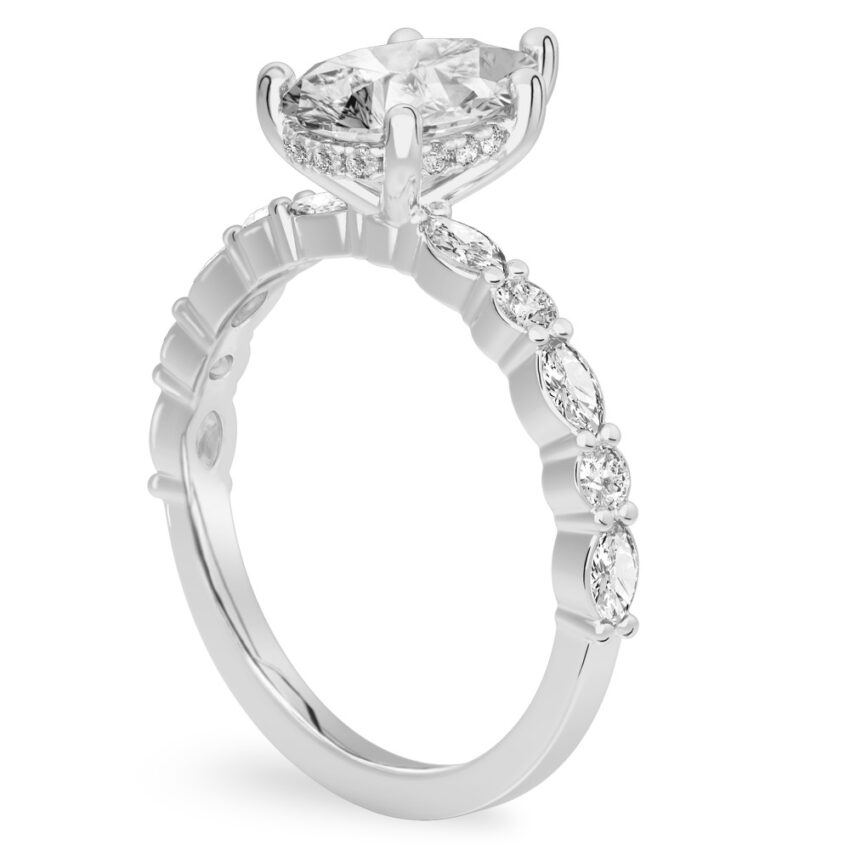Angle view of pear shape diamond hidden halo marquise and round diamond ring platinum