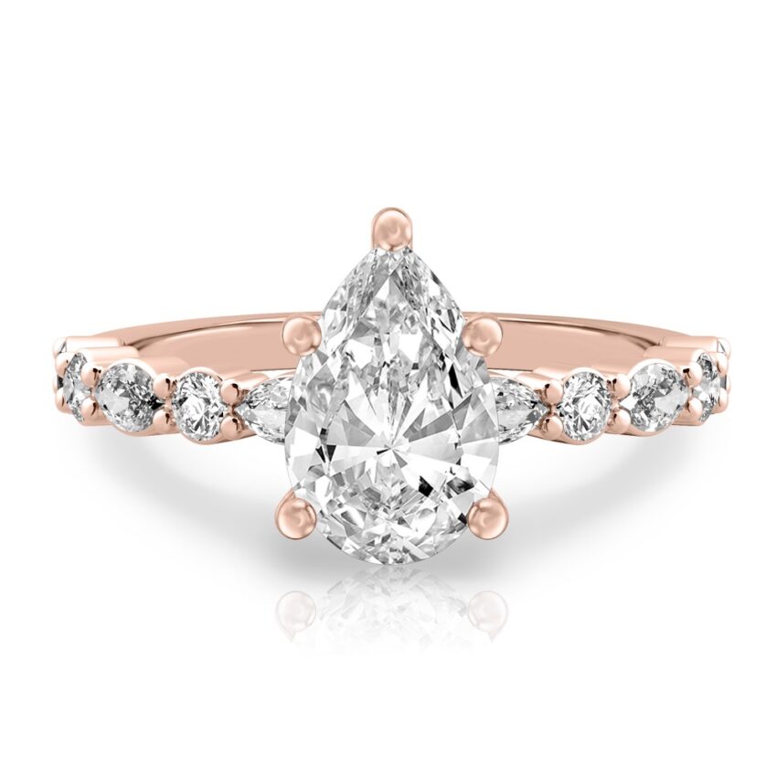 pear shape diamond hidden halo marquise and round diamond ring rose gold