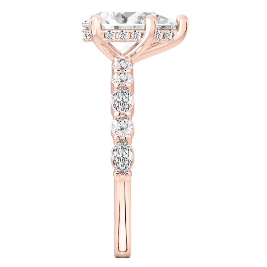 Side view of pear shape diamond hidden halo marquise and round diamond ring rose gold