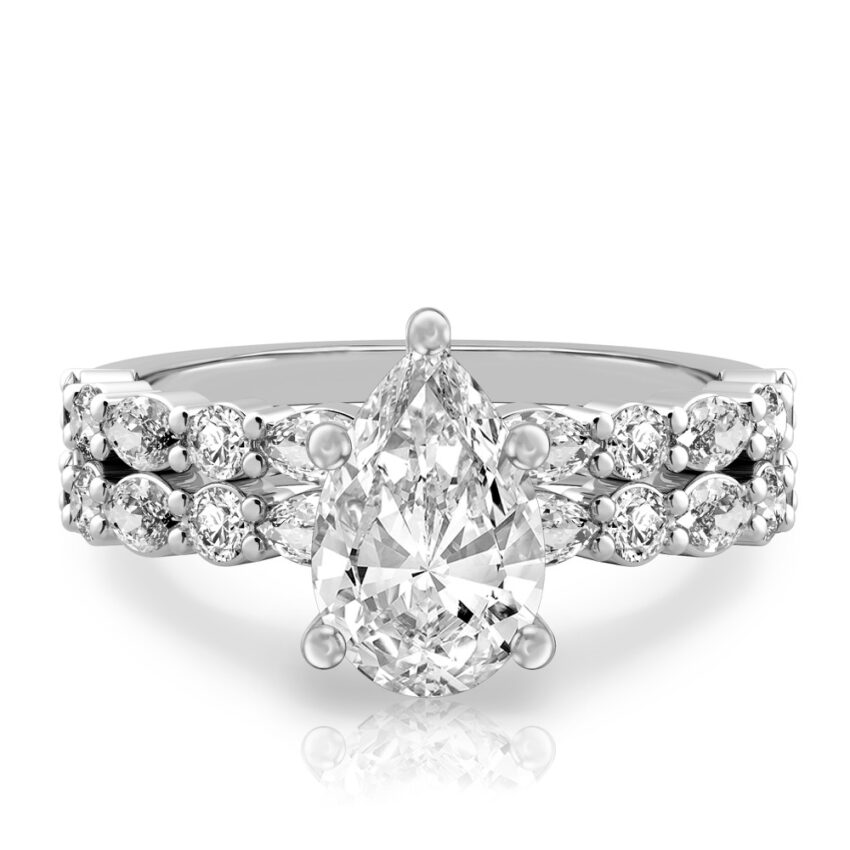 pear shape diamond hidden halo marquise and round diamond ring set platinum