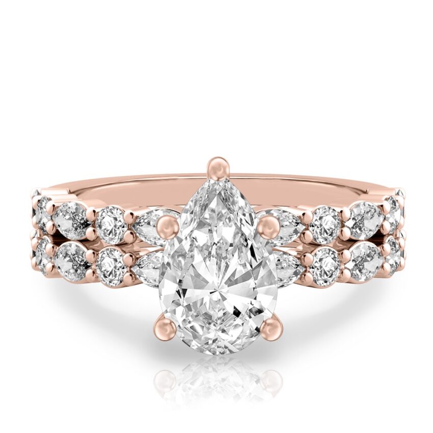 pear shape diamond hidden halo marquise and round diamond ring set rose gold