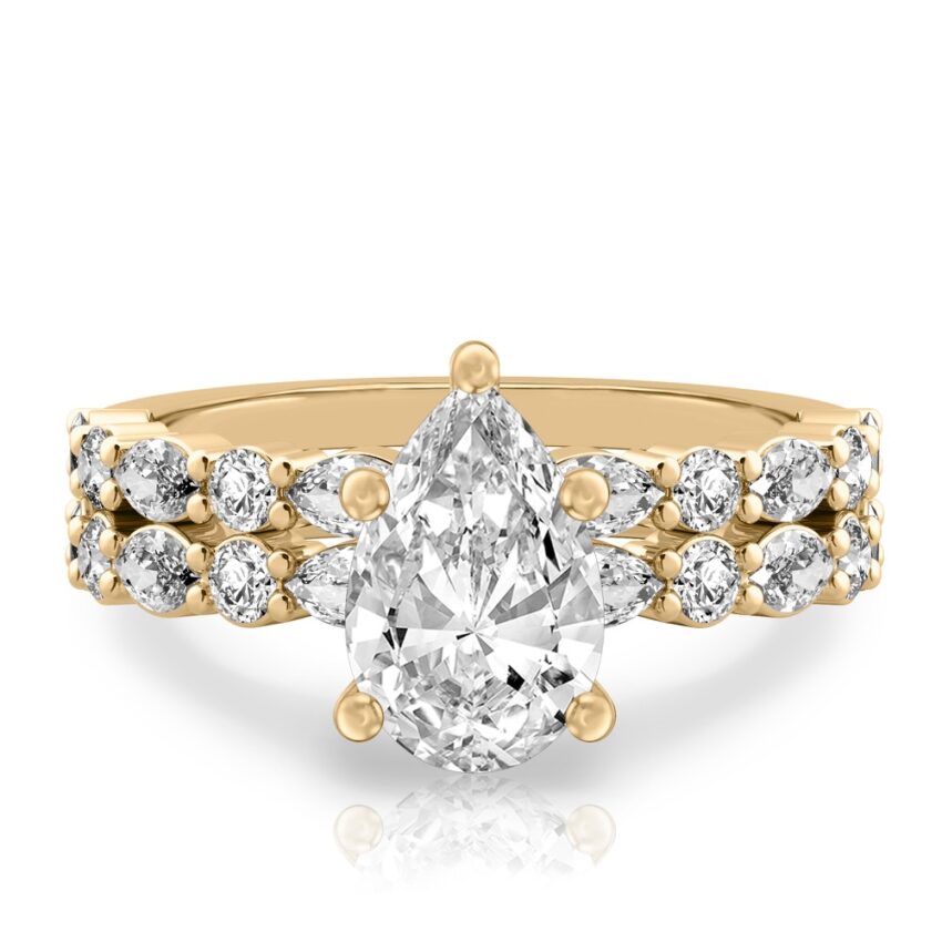 pear shape diamond hidden halo marquise and round diamond ring set yellow gold