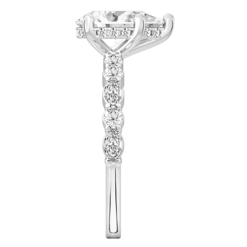 Side view of pear shape diamond hidden halo marquise and round diamond ring white gold