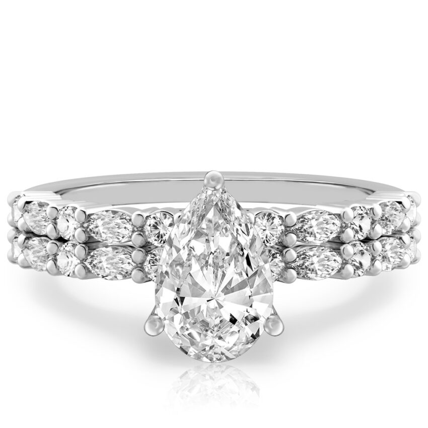 pear shape diamond marquise and round diamond ring set white gold