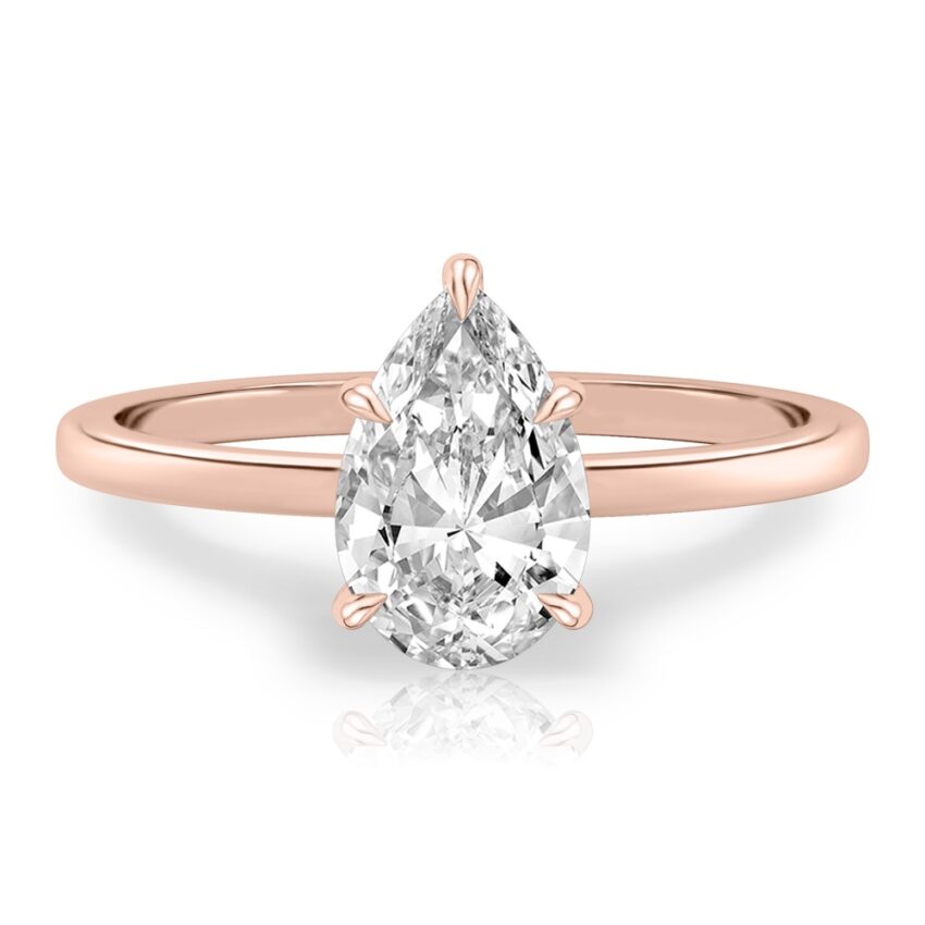 pear shape diamond ultra low hidden halo engagement ring in rose gold