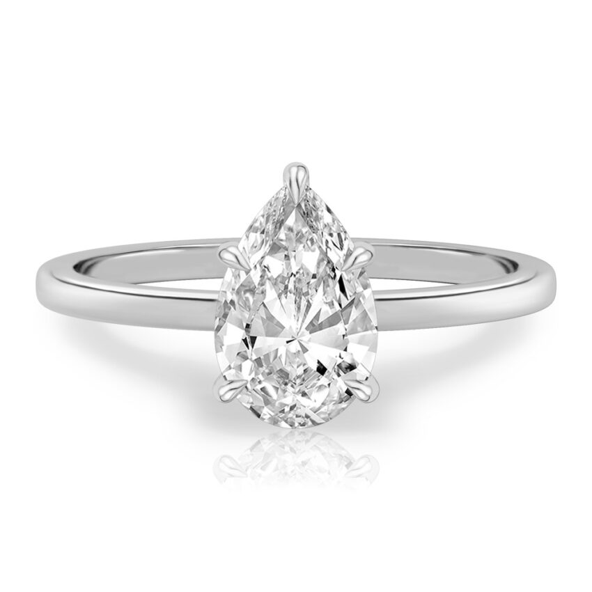 pear shape diamond ultra low hidden halo engagement ring in white gold