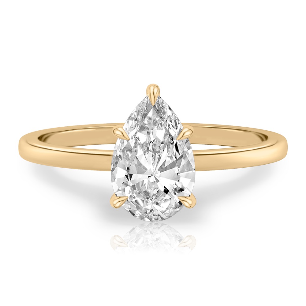 pear shape diamond ultra low hidden halo engagement ring in yellow gold
