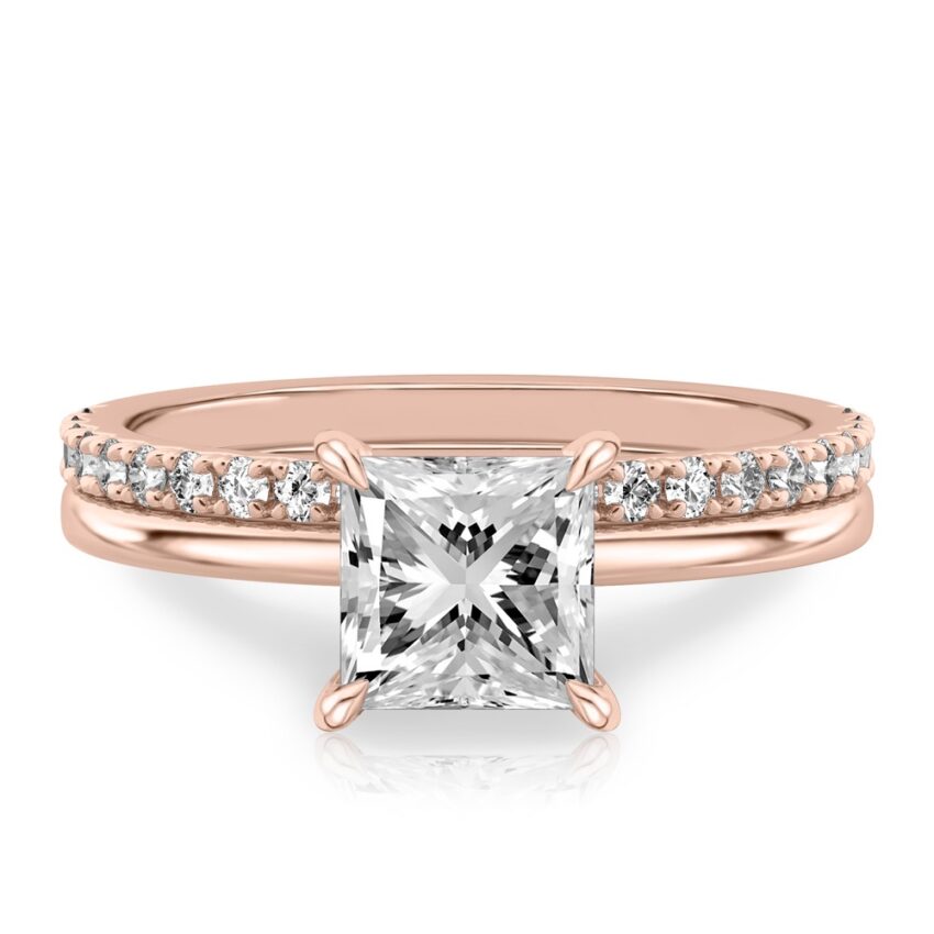 princess cut diamond hidden halo engagement ring set rose gold