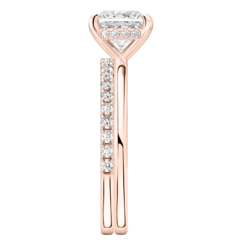 Side view of princess cut diamond hidden halo engagement ring set rose gold