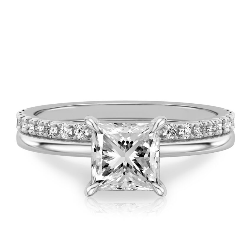 princess cut diamond hidden halo engagement ring set white gold