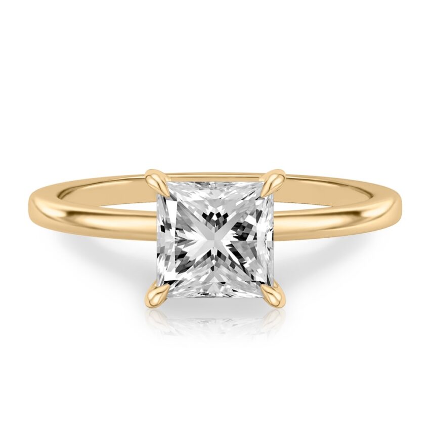 princess cut diamond hidden halo engagement ring in yellow gold