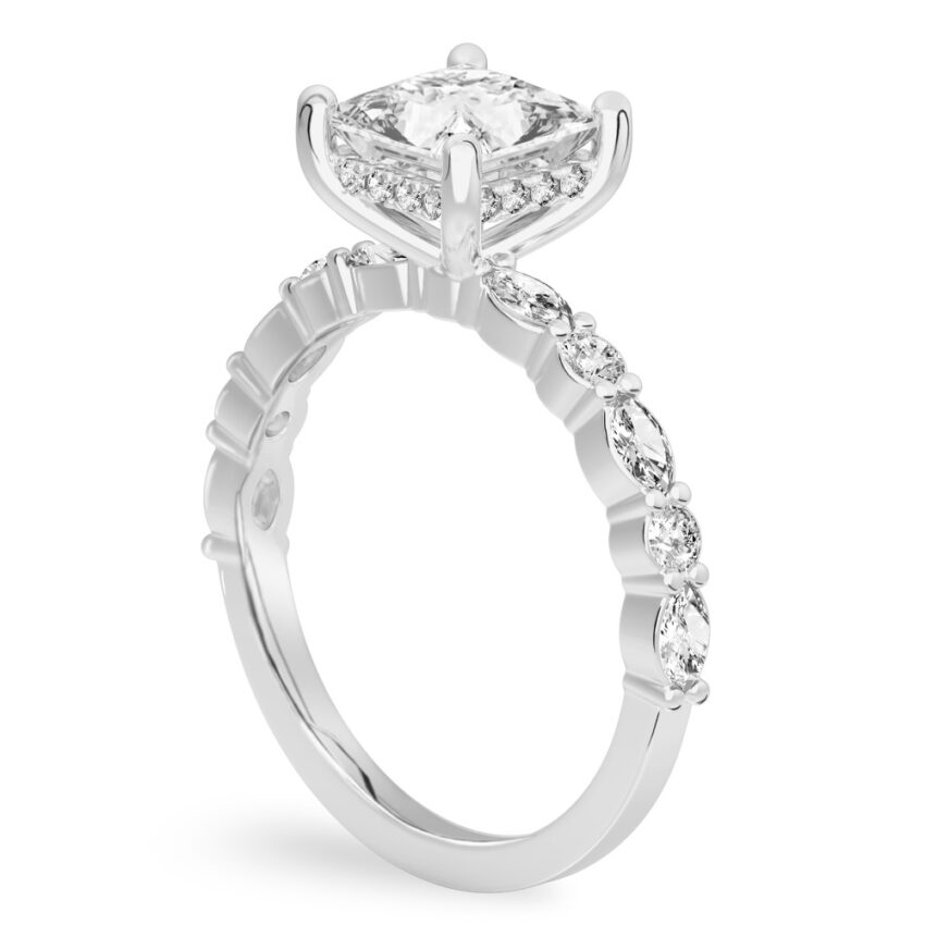 Angle view of princess cut diamond hidden halo marquise and round diamond ring platinum
