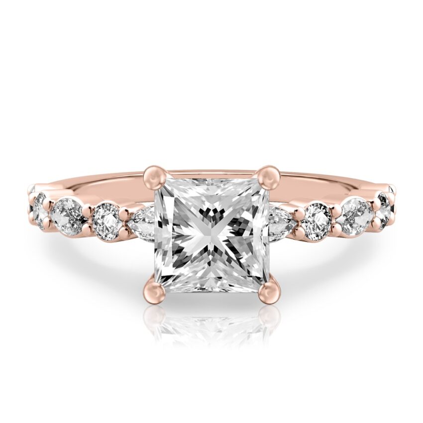 princess cut diamond hidden halo marquise and round diamond ring rose gold