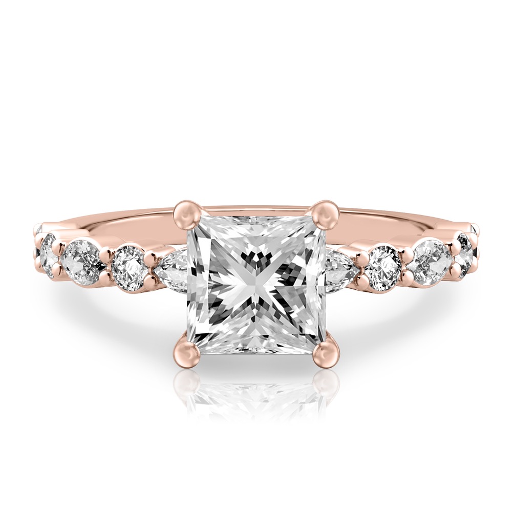 princess cut diamond hidden halo marquise and round diamond ring rose gold
