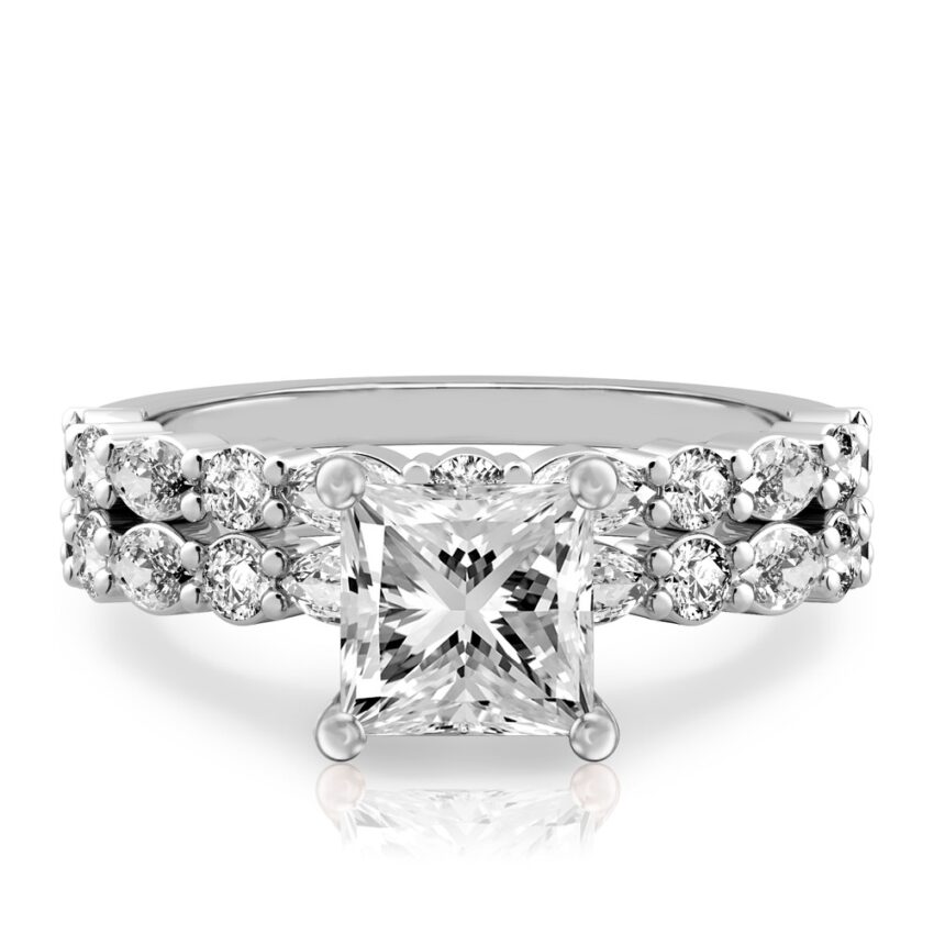 princess cut diamond hidden halo marquise and round diamond ring set palladium