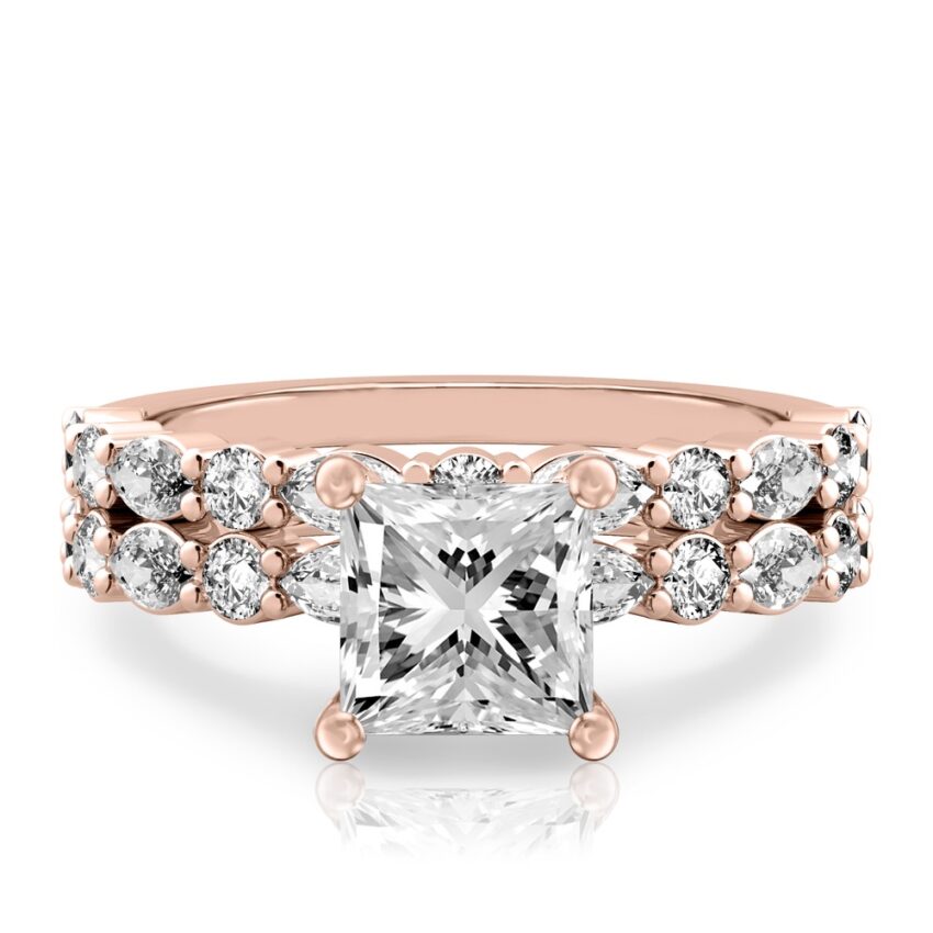 princess cut diamond hidden halo marquise and round diamond ring set rose gold