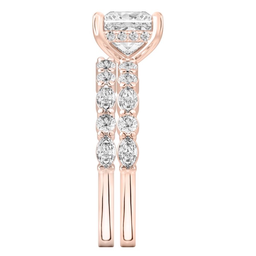 Side view of princess cut diamond hidden halo marquise and round diamond ring set rose gold